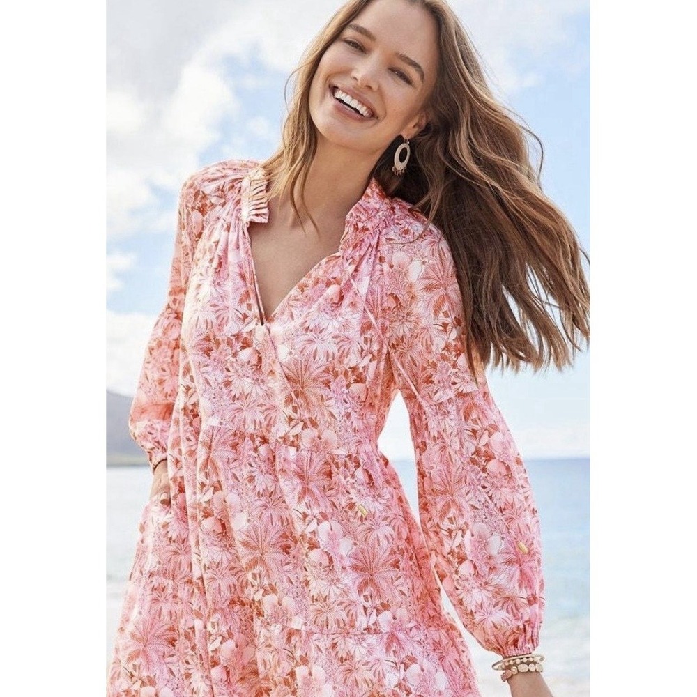 Tommy Bahama Paradise Pink Petit Palma Mini Peasant Dress L Tropical Coastal